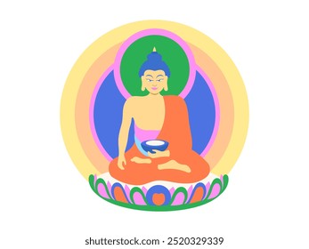 Buddha sitting in a lotus with a bowl for offerings.	