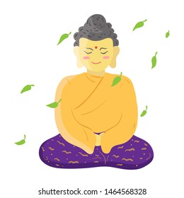 Buddha is sitting in the lotus position among the leaves flying in the wind. White background