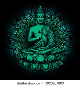Buddha sitting in the lotus position with an illuminated face on the background of the mandala