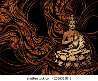 Buddha in der Lotusposition mit einer leuchtenden Seite auf dem Hintergrund der Mandala