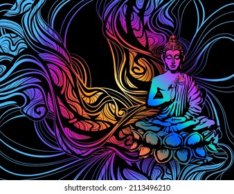 Buddha sitting in the lotus position with an illuminated face on the background of the mandala