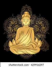 Buddha sitting in the lotus position with an illuminated face on the background of the mandala. Buddha Purnima Background