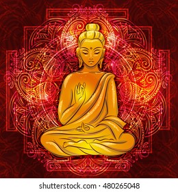 Buddha sitting in the lotus position with an illuminated face on the background of the mandala. Buddha Purnima Background