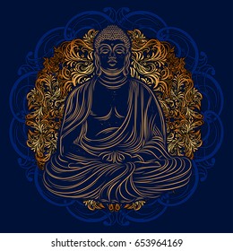 Buddha sitting in the lotus position with an illuminated face on the background of the mandala