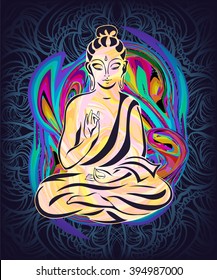 Buddha sitting in the lotus position on a psychedelic background. A poster for a party, printing on T-shirts, greeting cards or invitations