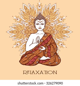 Buddha sitting in lotus position with ornamental mandala on background hand drawn vector illustration