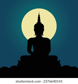 Buddha sitting with moon behind in night time