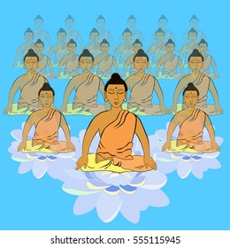 Buddha sitting on blue  lotus Indian occupation meditation closed eyes . vector illustration