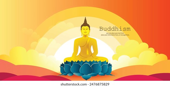 Buddha sitting on green lotus and cloud vector illustration background - Magha Puja, Asanha Puja, Vesak Puja Day, Thailand culture