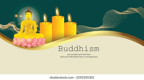 Buddha sitting on a lotus and candle vector illustration background - Buddhism Magha Puja, Asanha Puja, Vesak Puja Day, Thailand culture