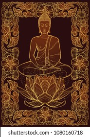 Buddha sitting on a Lotus flower and meditating in the single lotus position. Decorative rectangular Thai style frame. Golden linear drawing isolated on dark brown background EPS10 vector illustration