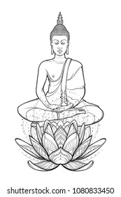 Buddha sitting on a Lotus flower and meditating in the single lotus position. Intricate hand drawing isolated on white background. Tattoo design. EPS10 vector illustration