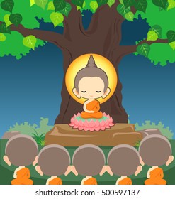 Buddha sitting on lotus flower under tree in Makha Bucha Day -Vector illustration