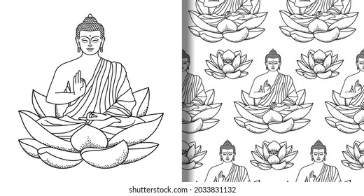 Buddha sitting on Lotus print and seamless pattern