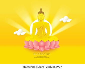 Buddha sitting on a lotus with yellow vector illustration background - Magha Puja, Asanha Puja, Vesak Puja Day, Thailand culture