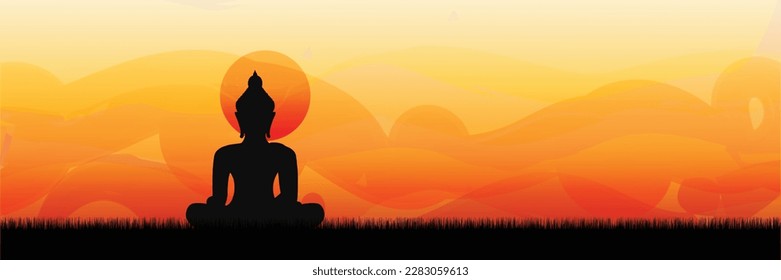 Buddha sitting on sunset or sunrise background. buddha silhouette vector illustration.