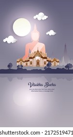 Buddha sitting religion vector background - Magha puja day, Vesak day banner, important Buddhism days Thailand culture
