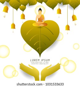 Buddha sitting under Bodhi tree with ringing bells,Buddhist holiday,vector illustration for invitation or greeting card,gradient style