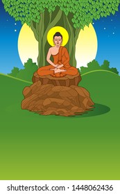Buddha sitting under the Bodhi tree with Full moon background