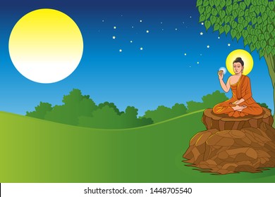 Buddha sitting under the Bodhi tree with full moon landscape background