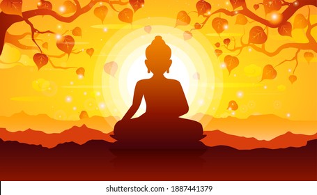 Buddha sitting under bodhi tree on sunset background-Magha Puja, Asanha Puja,Visakha Puja Day, Buddhist holiday concept.Vector Illustration
