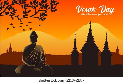 Buddha sitting under bodhi tree on sunset background Buddhist holiday concept. Vector Illustration