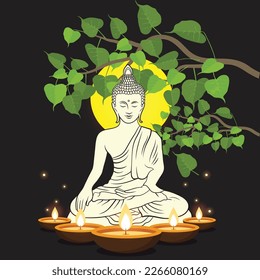 Buddha sitting under bodhi tree on sunset background-Magha Puja, Asanha Puja,Visakha Puja Day, Buddhist holiday concept.Vector Illustration