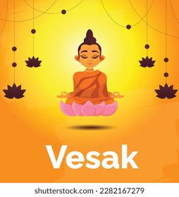 Buddha sitting under bodhi tree on sunset background-Magha Puja, Asanha Puja,Visakha Puja Day, Buddhist holiday concept.Vector Illustration