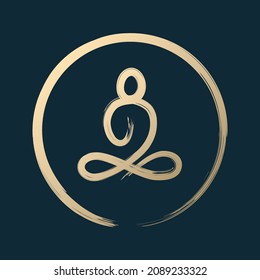 Buddha sitting zen gold brush stroke painting in circle isolated on dark blue background for vector design element or logo in buddhism, meditation concept