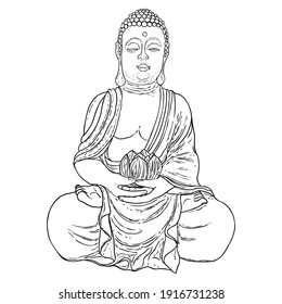 Buddha spiritual portrait. Bodhisattva. Gautama Buddha sitting in lotus pose and meditating. Indian spiritual teacher, Buddhism religious leader. Yoga zen club design. Vector.