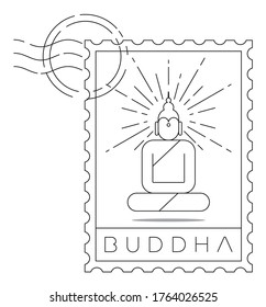 Estampilla Buda de mínima ilustración lineal vectorial y diseño tipográfico, Tailandia