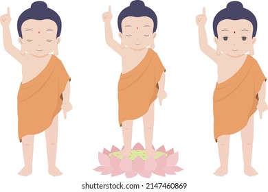 Buddha stand posture. Stand on the lotus flower and point to the sky. Flat style vector illustration.