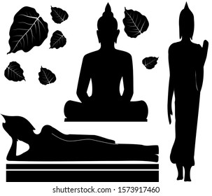 Buddha, standing , sitting , reclining Buddha,  and Bodhi leaf, the Buddhist symbol of Thai tradition on the background. Greeting card vector illustration