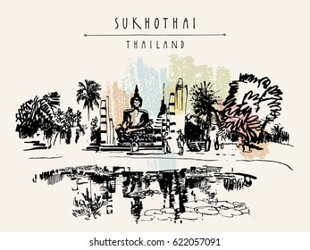 Buddha statue and ancient Buddhist temple ruins in Sukhothai Historical Park, Thailand. Reflection in pond water. Hand drawn vintage travel postcard in vector