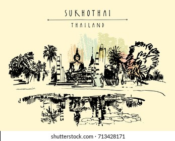 Buddha statue and ancient Buddhist temple ruins in Sukhothai Historical Park, Thailand. Reflection in pond water. Hand drawn vintage travel postcard in vector