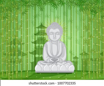 Buddha statue in bamboo forest illustration Adlı Stok Vektör