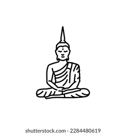 Buddha statue black line icon. Buddhism religion. Pictogram for web page, mobile app, promo.