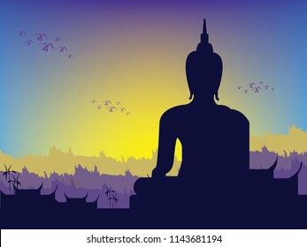 Buddha statue blue backgroung and temple