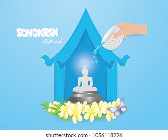 Buddha statue in the blue house background  hit with water ,Songkran festival concept,vector and illustration.