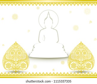 Buddha statue and Bodhi tree gold color of thai tradition on white background ,greeting card,illustration vector eps10.