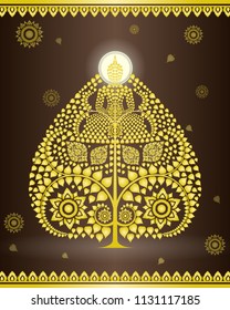 Buddha statue in Bodhi tree gold color of thai tradition on brown background ,greeting card,illustration vector eps10.