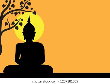 Buddha statue and Bodhi tree silhouette , yellow sunset And copy space for text on orange background