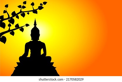 Buddha statue and Bodhi tree silhouette , yellow sunset And copy space for text