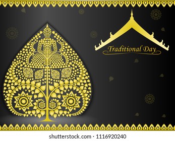Buddha statue in bodhi tree of thai tradition on black background ,greeting card,illustration vector eps10.
