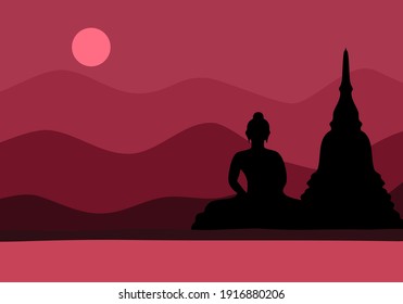 Buddha statue and Buddhism pagoda Asian traditional style with mountain, river and sunset in flat design. Makha bucha  or visakha day.