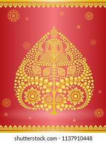 Buddha statue in Gold Bodhi tree in Thai style art on red background, illustration vector eps10.
