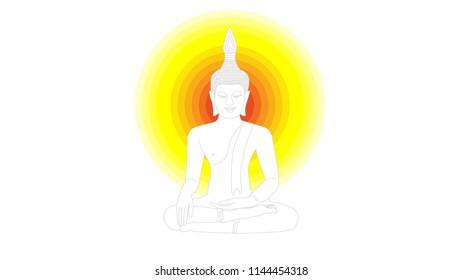 Buddha statue and gradient of yellow circles. Paper style ofillustration vector