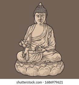 Buddha Statue, Hand Drawn Illustration, Isolated Vector