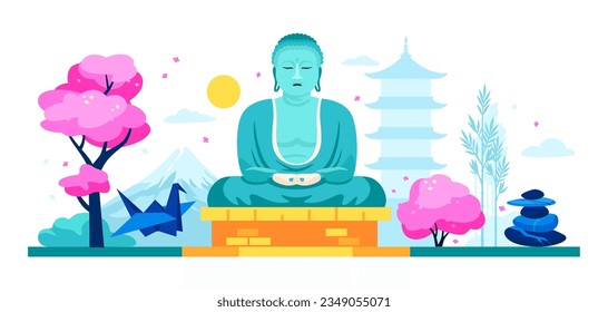 Buddha statue heritage - modern colored vector illustration with enlightened hero of oriental countries. Mount Fuji surrounded by cherry blossoms, paper crane, tranquility, balance and buddhism idea