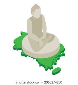 Buddha statue icon isometric vector. Sitting giant buddha and south korea map. Large statue in sinheungsa temple in south korea